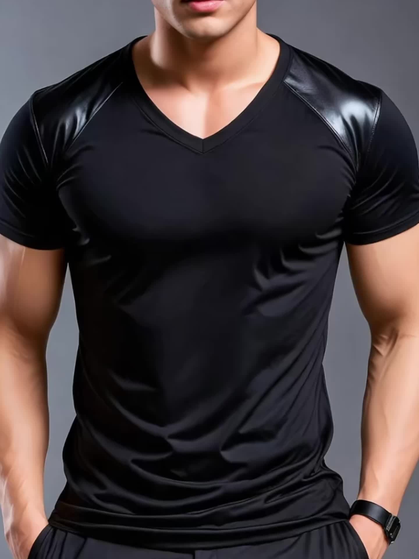[Summer Style] Men'S V-Neck Henley T-Shirt - Casual Knit Short Sleeve Tee with High Elasticity for Summer Outings, Black
