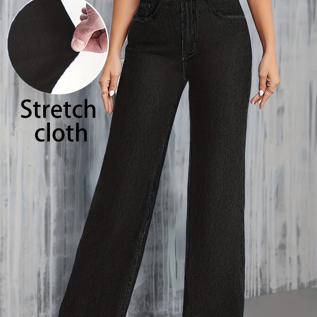 Jeans Femme Taille Haute – Jambe Droite Extensible, Bleu Effet Usé, Tous Saisons, Bureau et Décontracté