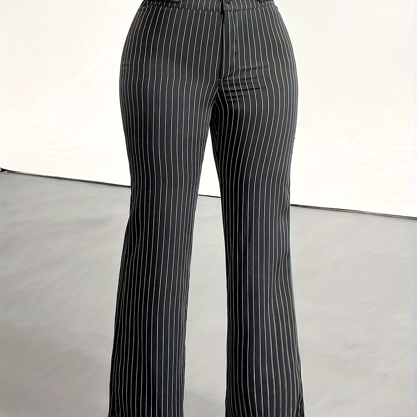 Pantalon Femme Élégant – Noir à Rayures Verticales, Coupe Droite, Bureau et Décontracté, Tous Saisons
