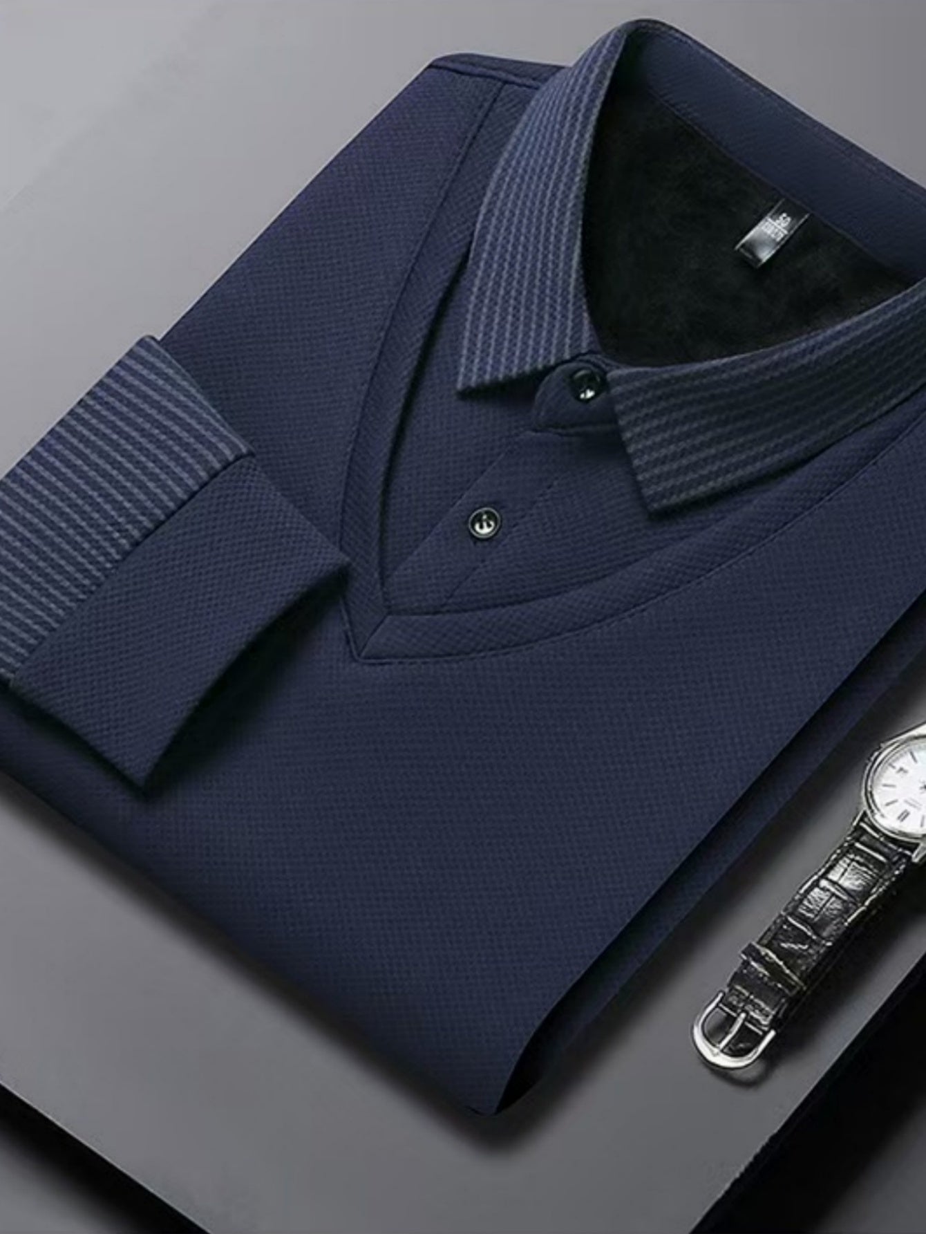 Men'S Two-in-One Long Sleeve T-Shirt - Navy & Striped Patchwork Collar Shirt, Button-Up Front, Breathable Fabric, Regular Fit for Business & Casual Wear, Versatile Clothing | Classic Collar Shirt | Stylish Contrast Design