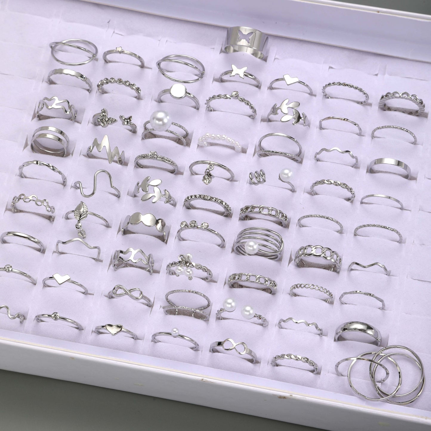 64pcs Fashion Gothic Style Silvery Hollow Stacking Ring Set for Women, Daily Wear Jewelry Accessories, No Box Included