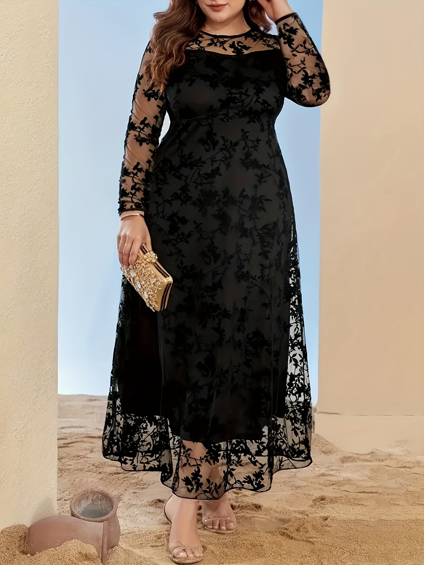 Robe Grande Taille Élégante – Imprimé, Manches Longues, Ourlet en Mesh Flocké, Haut Bodycon et Jupe Évasée en Forme de Cloche, Toutes Saisons, Tenues de Fête, Couture de Qualité, Tissu Respirant