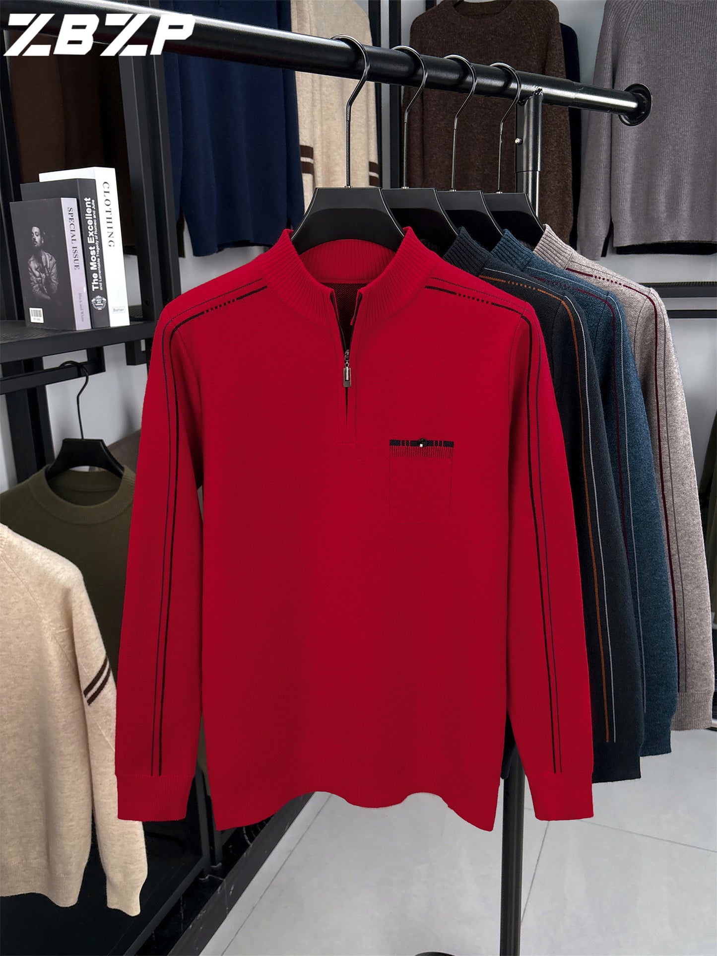 Men's Heavyweight Half-Zip Sweater - Stand Collar Zippered Winter Knit Sweater with Striped Collar & Back Logo, Dark Blue Casual Warm Pullover for Fall/Winter, Versatile Layering for Office & Casual Attire