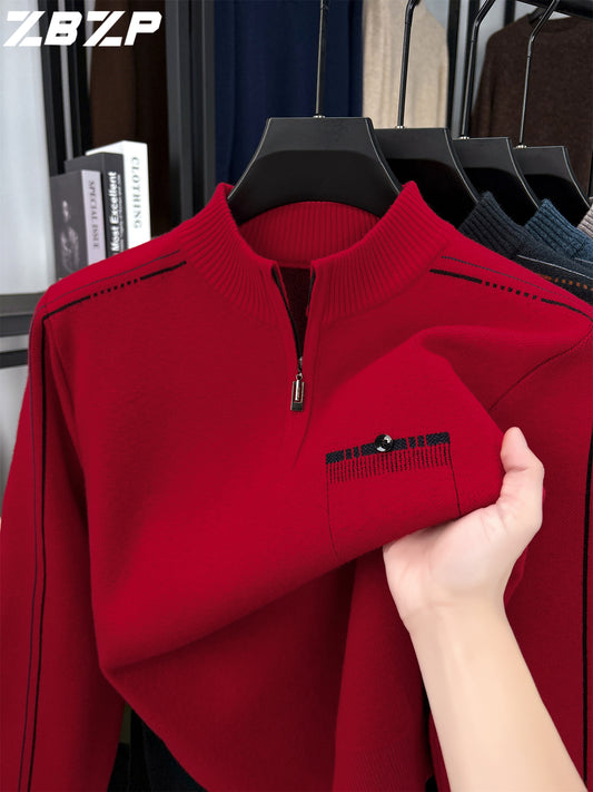 Men's Heavyweight Half-Zip Sweater - Stand Collar Zippered Winter Knit Sweater with Striped Collar & Back Logo, Dark Blue Casual Warm Pullover for Fall/Winter, Versatile Layering for Office & Casual Attire
