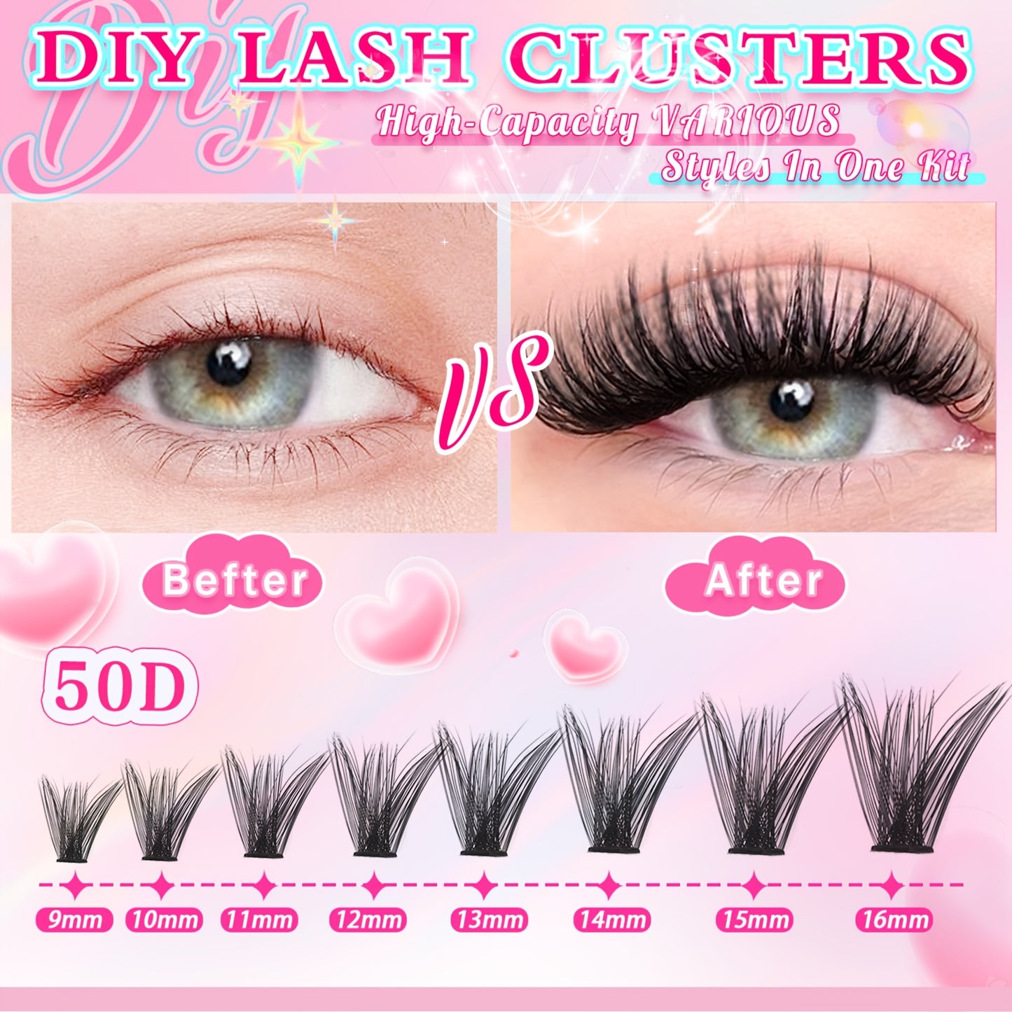 Set de Cils DIY pour Femme – 37 Rangées (740 pcs) / 14 Rangées (280 pcs) / 10 Rangées (200 pcs), Cils Individuels 8-16 mm, Inclus Brosse à Cils, Style Hybride, Parfait pour DIY Débutants à la Maison, Réutilisable