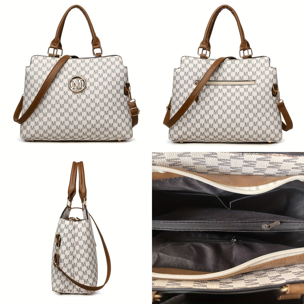 Sac rétro Pied-de-poule femmes blanc et marron logo doré M bandoulière réglable élégant