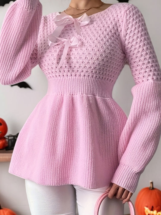 Pull élégant pour femmes – Bleu clair, manches longues, col rond, nœud décoratif, ourlet plissé, tissu stretch doux, automne/hiver, casual et formel