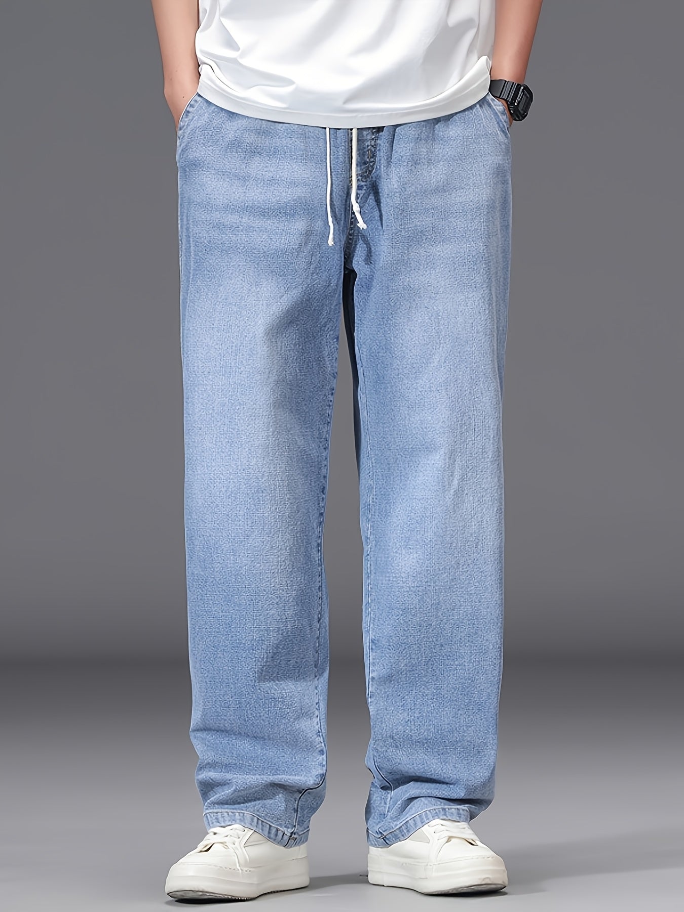 Jeans grande taille pour homme – bleu clair, coupe droite ample, taille élastique, style décontracté, confortable et stylé