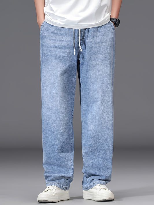 Jeans grande taille pour homme – bleu clair, coupe droite ample, taille élastique, style décontracté, confortable et stylé