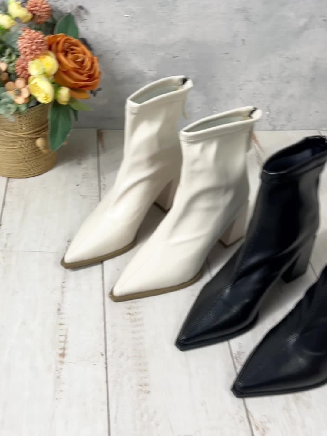 Bottines Femme Chic – Talon Carré, Bout Pointu, Couleur Unie, Fermeture Éclair au Dos, Style Polyvalent