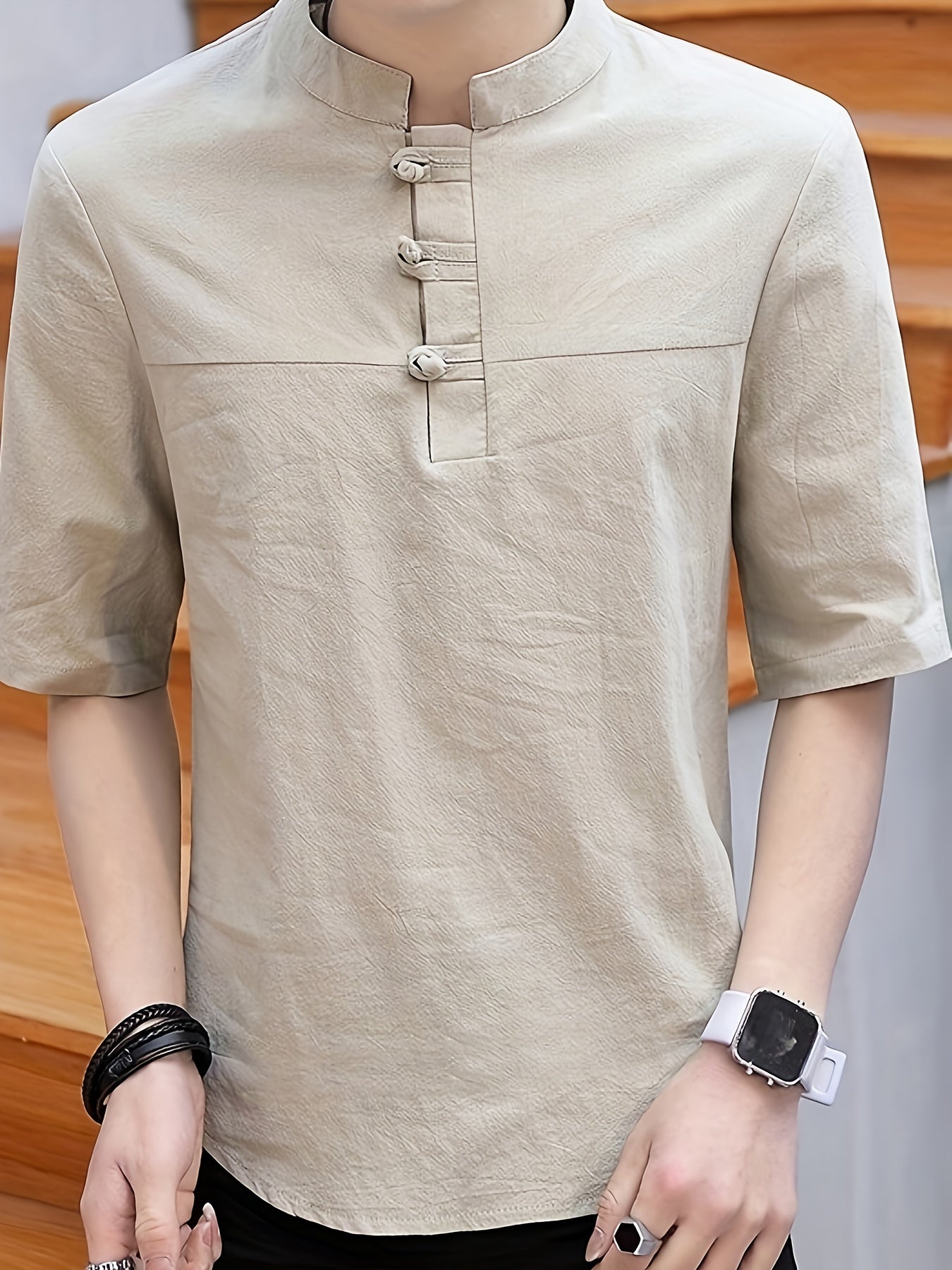 Men's Pure Cotton Chinese Style Stand Collar Top Summer Short Sleeve T-Shirt High End New Traditional