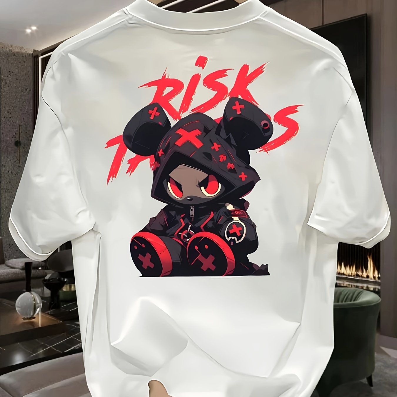 Men's Heavyweight 100% Cotton Oversized T-Shirt with RISK & Japanese Anime Graphic Print - Black & Red Gaming Design, Casual Summer Tee for Anime Fans, Large Size Loose Fit, Machine Washable, Ideal for Valentine's Day, Father