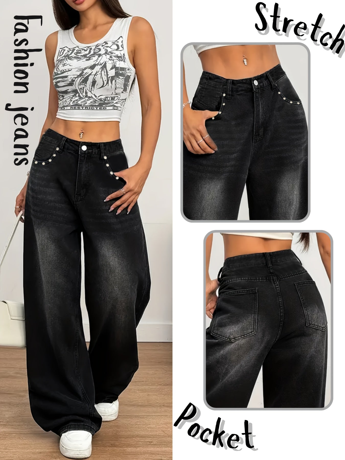 Jeans Femme Taille Haute Noir Jambe Droite Extensible Poches Obliques Clous Confortable Toute Saison Polyvalent