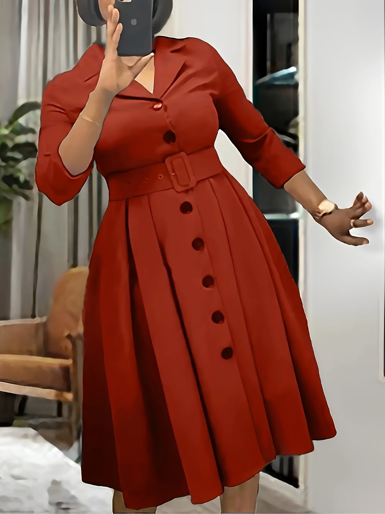 Robe A-Ligne à Boutonnage Simple – Manches 3/4, Col Revers, Ceinturée, Couleur Unie, Idéale Printemps/Automne