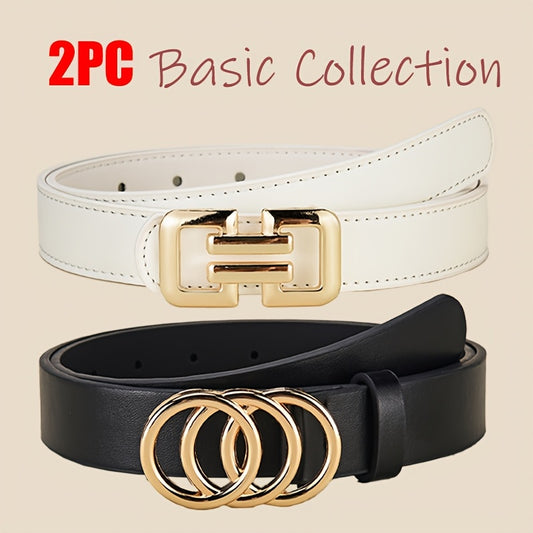Lot de 2 ceintures fines pour femmes – Noir et blanc, combo ceinture et boucle, éléments dorés, 3 styles (rond/noir/blanc) pour jeans, shorts et robes, ceintures fines polyvalentes pour usage quotidien, mariages, fêtes et bureau (tailles standard)