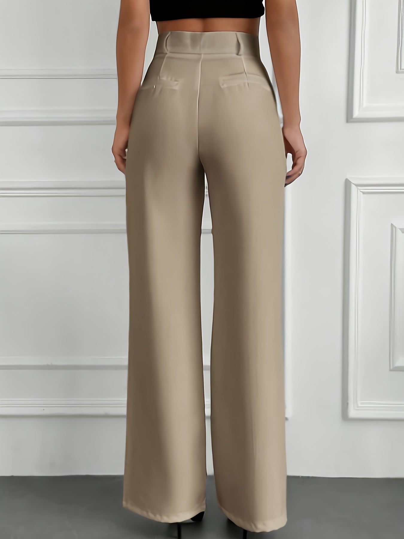 Pantalon Femme Élégant Jambe Large – Noir, Taille Haute avec Ceinture et Poches Latérales