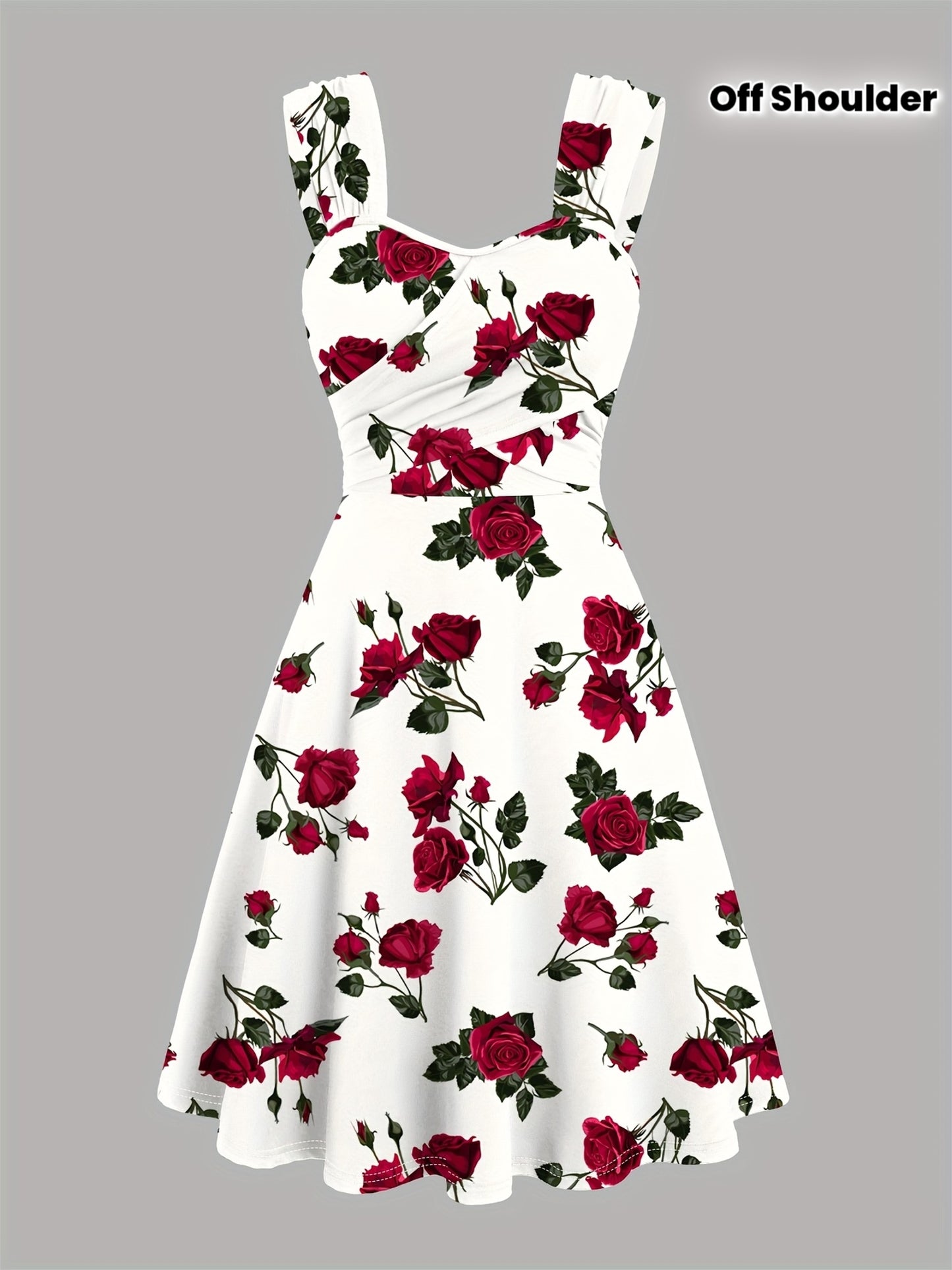 Robe élégante décontractée pour femme, imprimée de roses, plissée sur le devant, à larges bretelles croisées et épaules dénudées