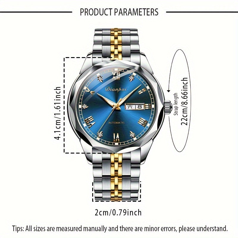 Luxury Men'S Fully Automatic Mechanical Watch with Luminous Calendar & Date Display - Stainless Steel Strap, Golden-Tone Dial, Business & Formal Wear, Without Battery, Formal Accessory, Professional Men, Stylish Men