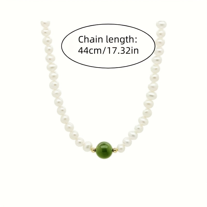 Collier élégant style français en perles d’eau douce avec calcédoine verte, parfait pour mariages, banquets ou cadeaux fête des mères, bijou raffiné en perles