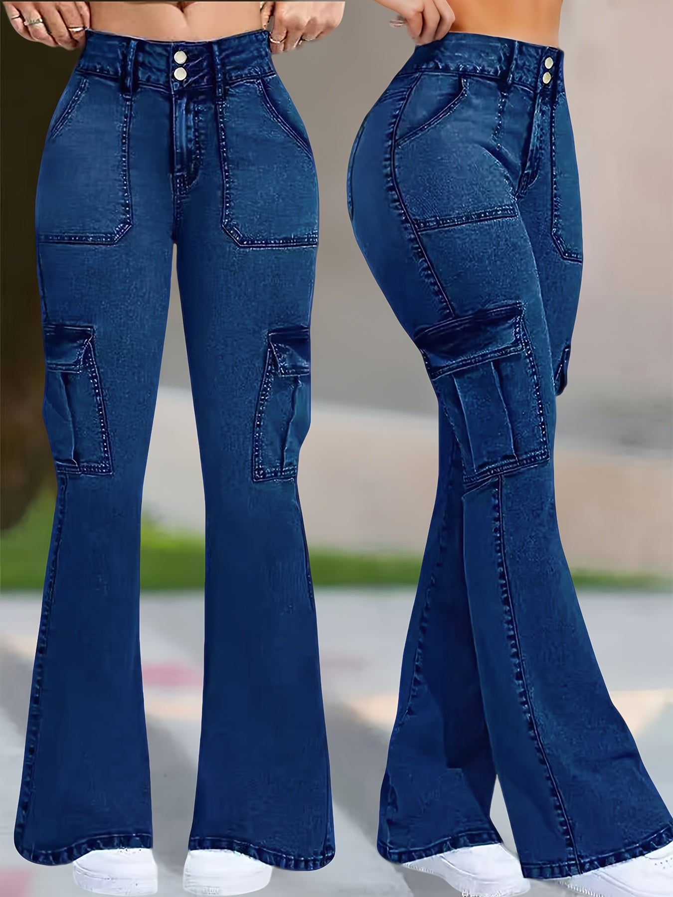 Jeans Femme Extensible Cargo Évasé Bleu Foncé Effet Usé Bootcut Poches Multiples Taille Haute Contrôle Ventre Style Street Slim Décontracté