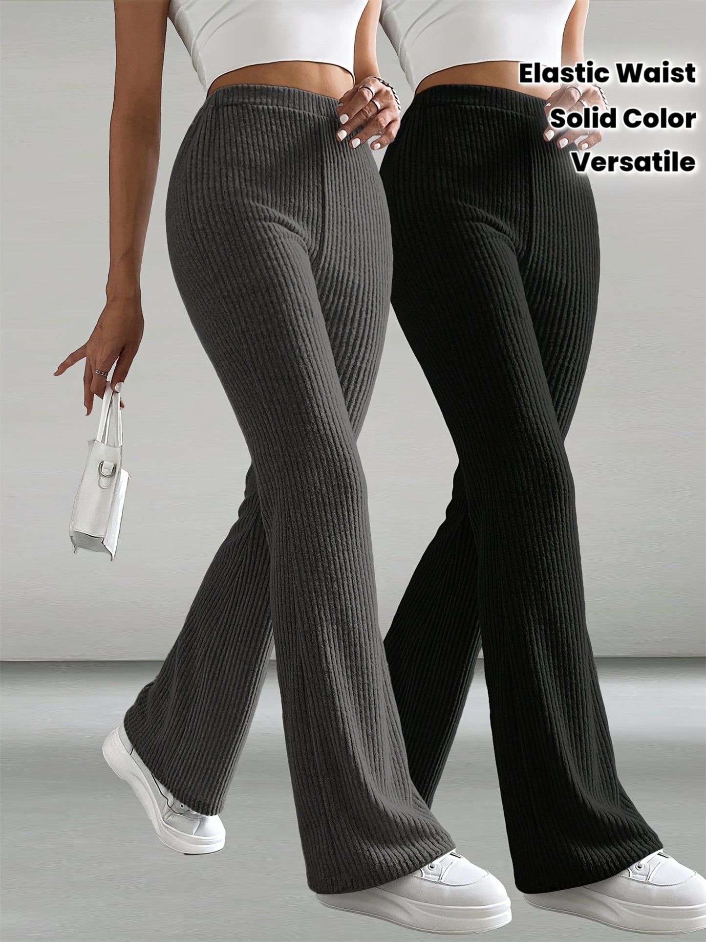 Lot de 2 Pantalons Femme Élégants – Jambe Large, Couleur Unie, Taille Élastique, Ourlet Évasé, Tous Saisons, Bureau et Décontracté