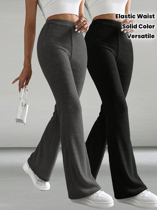 Lot de 2 Pantalons Femme Élégants – Jambe Large, Couleur Unie, Taille Élastique, Ourlet Évasé, Tous Saisons, Bureau et Décontracté