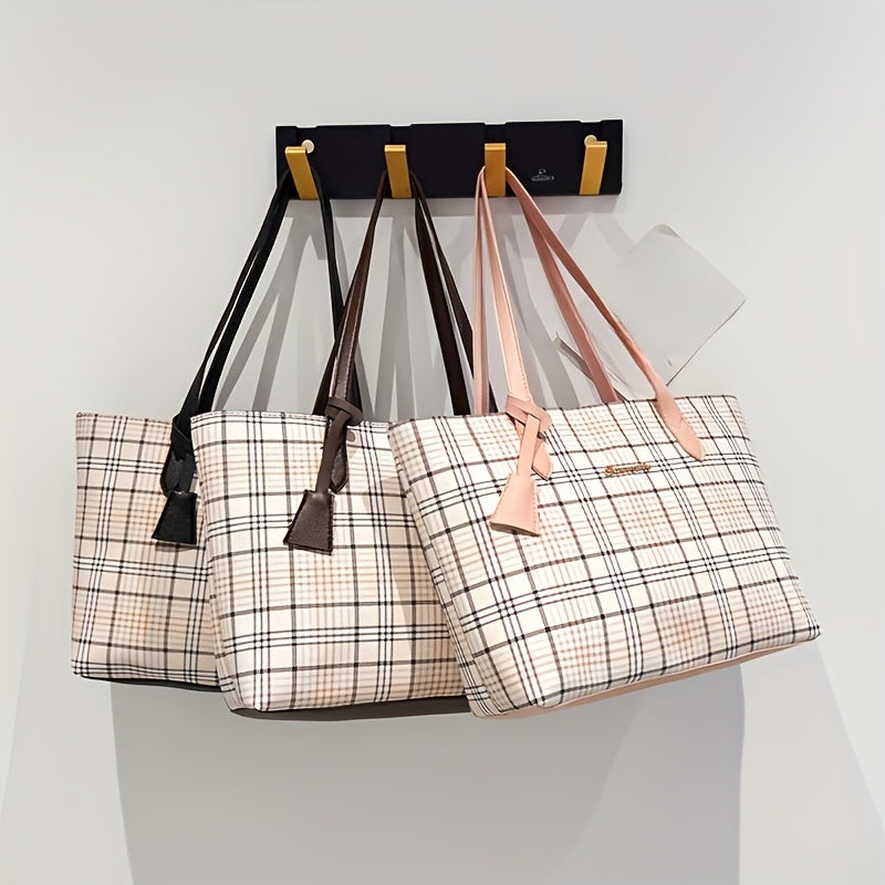 Sac fourre-tout à carreaux pour femmes – grande capacité, léger en PVC, porte-cartes intégré, style professionnel polyvalent, bandoulière, idéal pour courses et usage quotidien