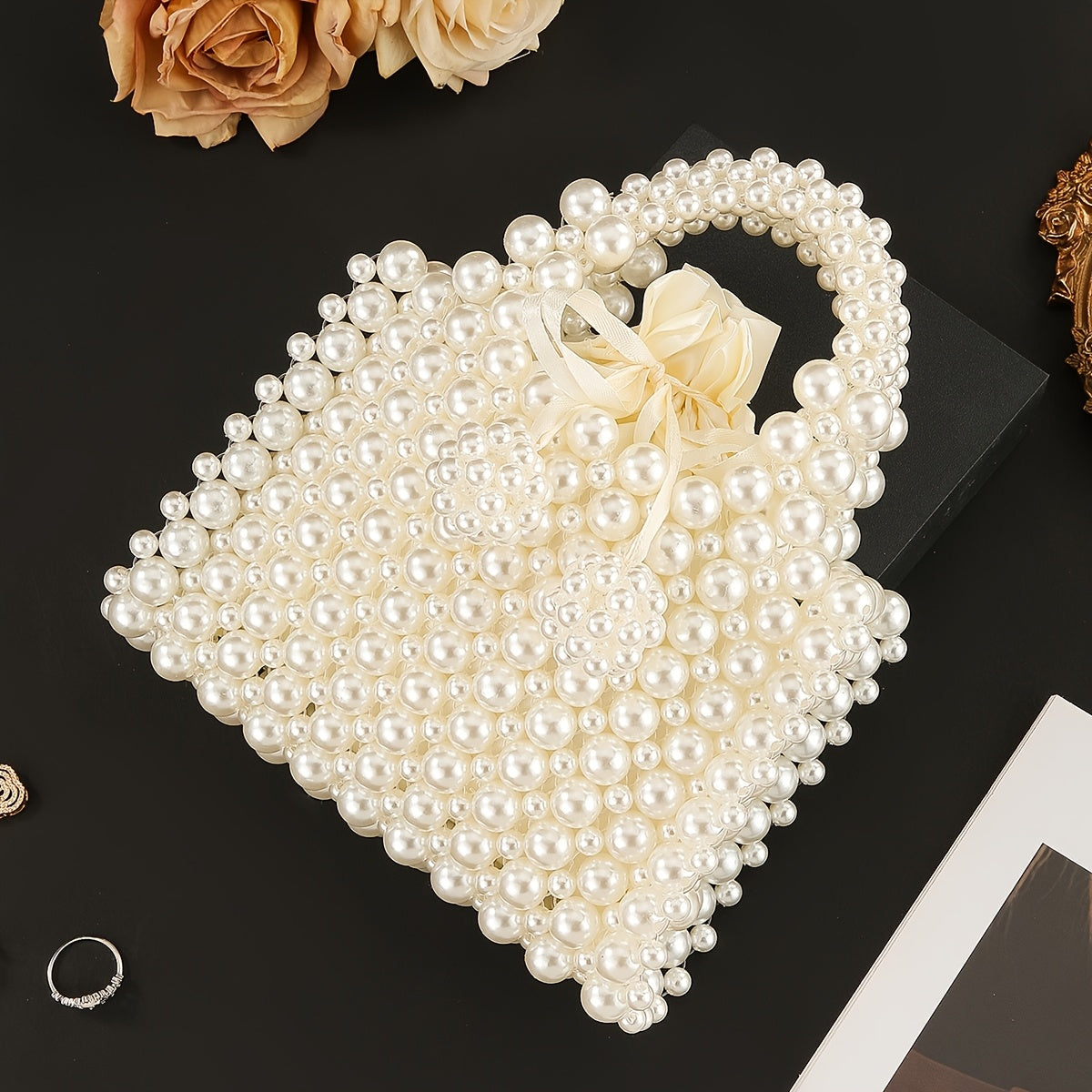 Pochette Élégante Bohème Perles – Avec Bandoulière Amovible, Design en Perles Plastique Fait Main, Quincaillerie Dorée, Parfaite pour Fêtes, Vacances et Événements Formels, Pochette de Soirée, Style Bohème, Pochette Durable en PU