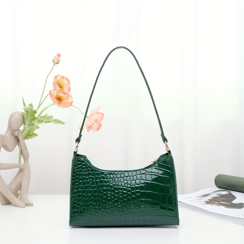Sac épaule élégant pour femmes – simili cuir motif crocodile, finition brillante, fermeture zippée, bandoulière fixe, sac à main noir tendance