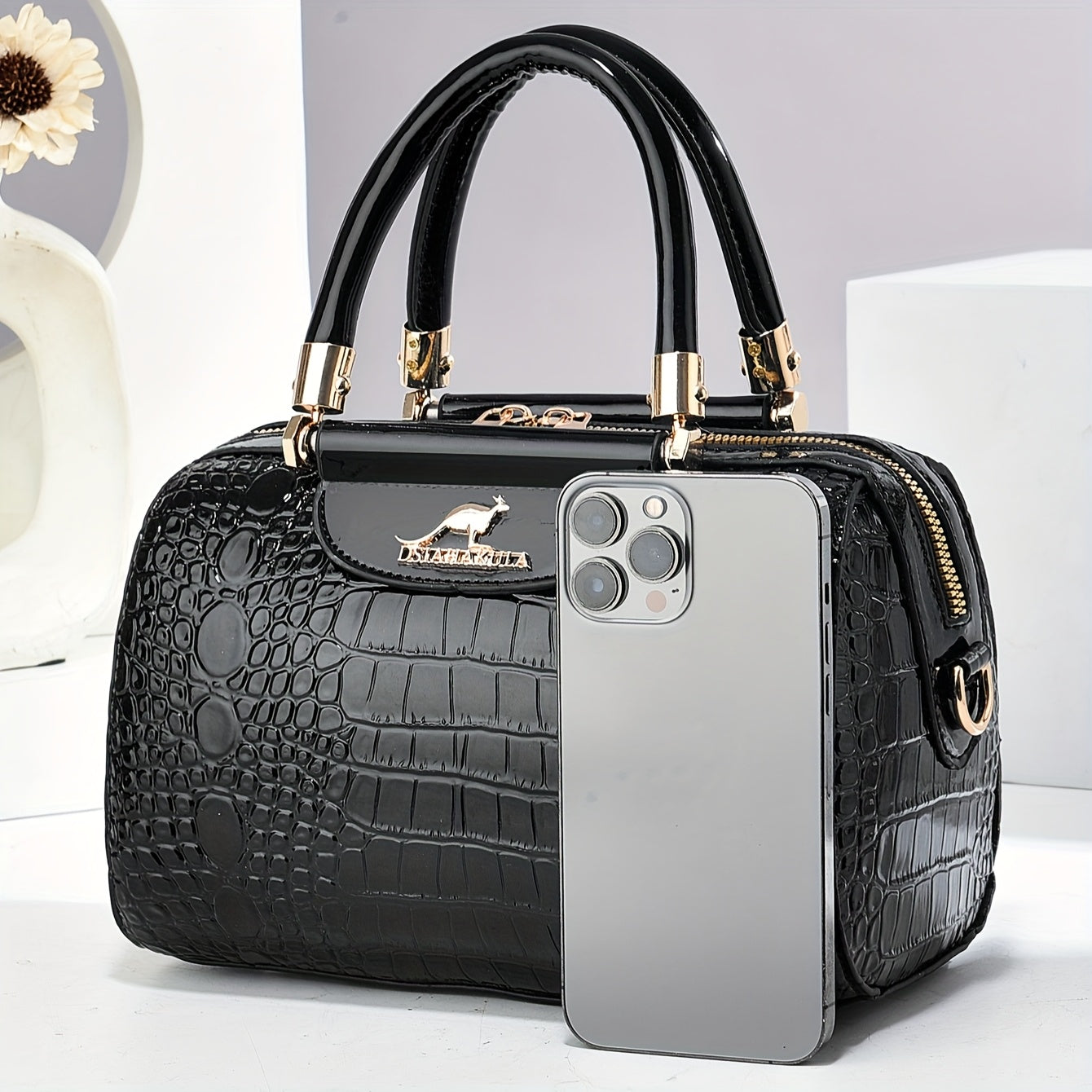 Sac noir en PU pour femmes – motif crocodile brillant, fermeture zippée, grande capacité, sac oreiller, bandoulière simple, idéal travail, trajets et voyage