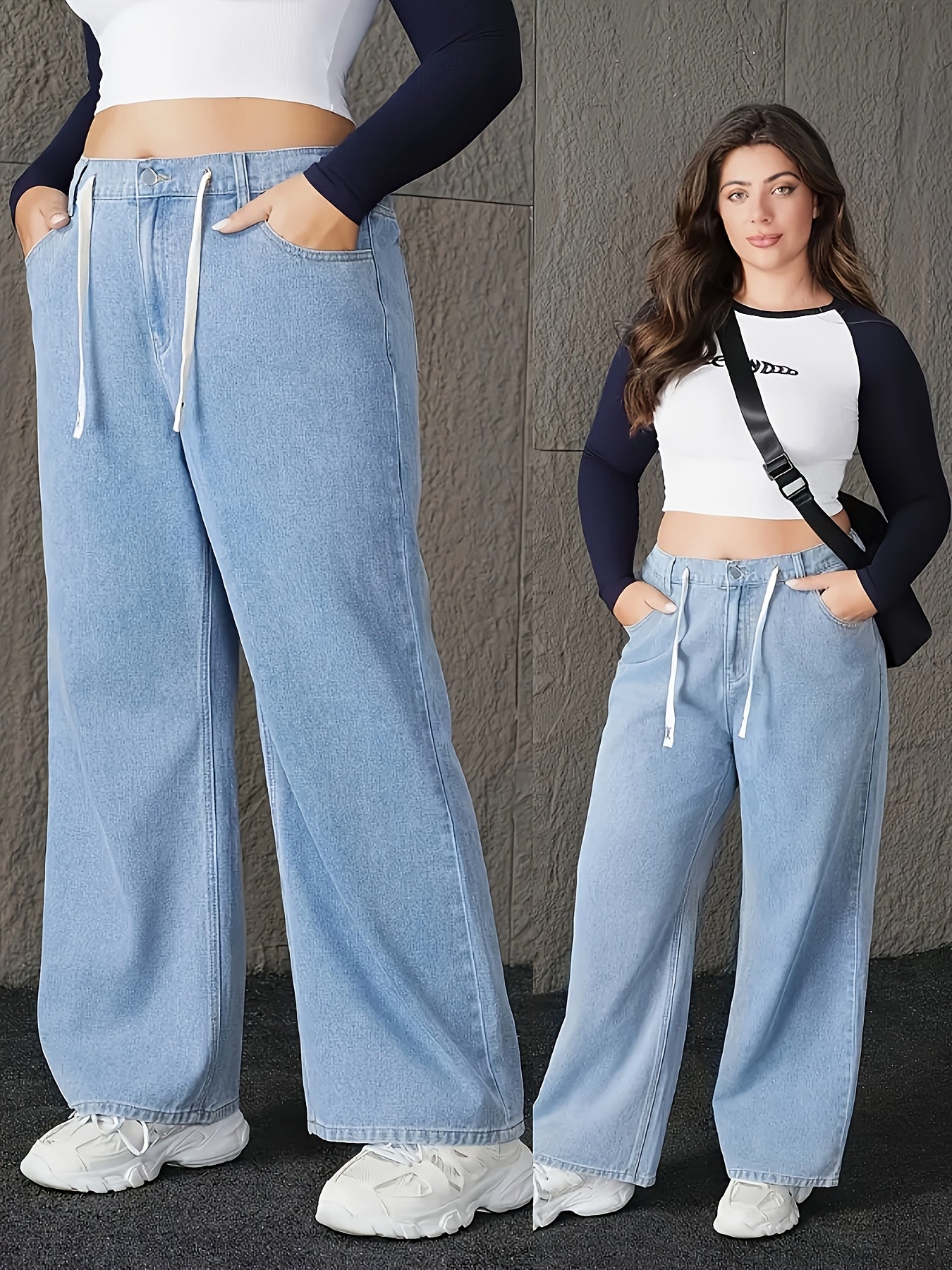 Jeans Femme Grande Taille Taille Haute Jambe Large Non Extensible Ceinture Cordon Toute Saison Polyvalent