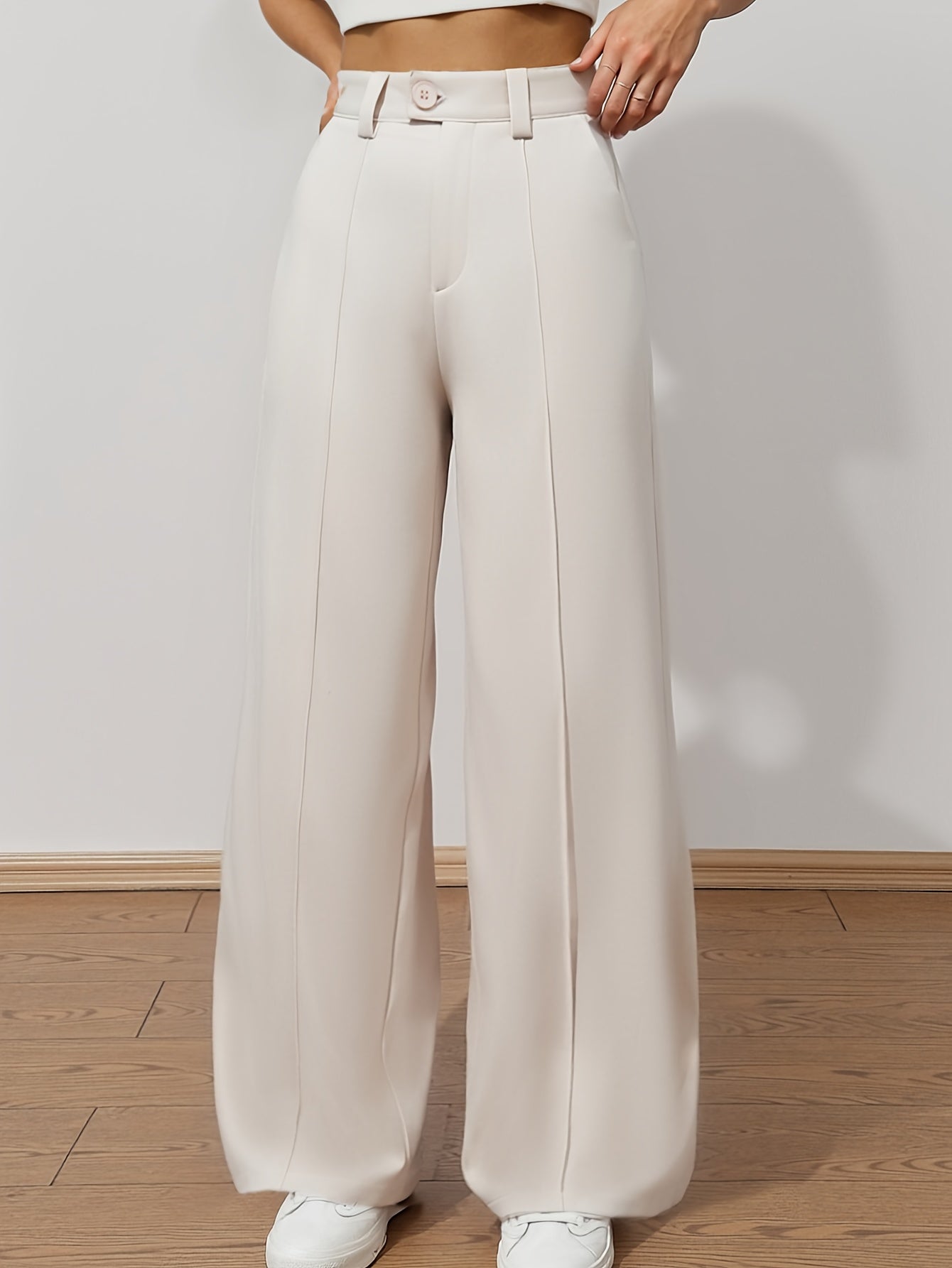 Pantalon Femme Taille Haute – Jambe Large Noir, Fermeture Boutons Sans Ceinture, Bureau et Décontracté, Tous Saisons