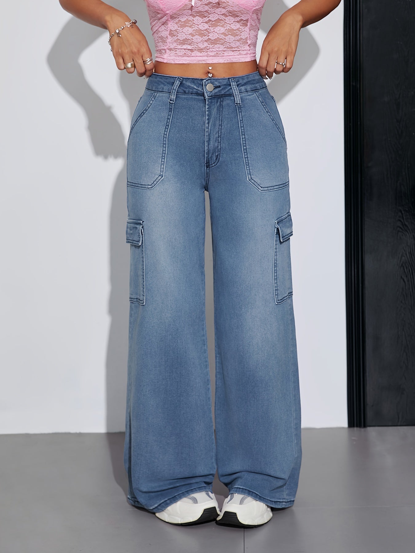 Jeans Cargo Femme Extensible Taille Mi-Haute Couleur Unie Boutons Lavable