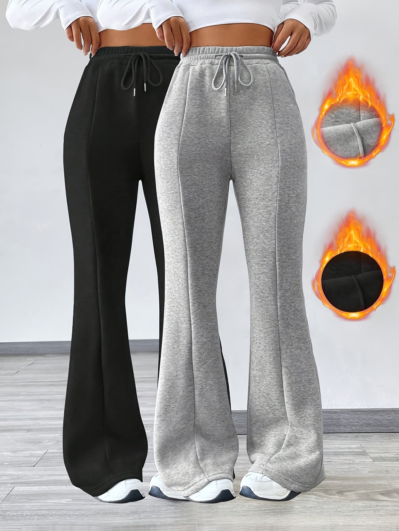 Ensemble Deux-Pièces Femme – Pantalon Évasé Taille Haute, Doublé Polaire, Taille Élastique avec Cordons et Poches