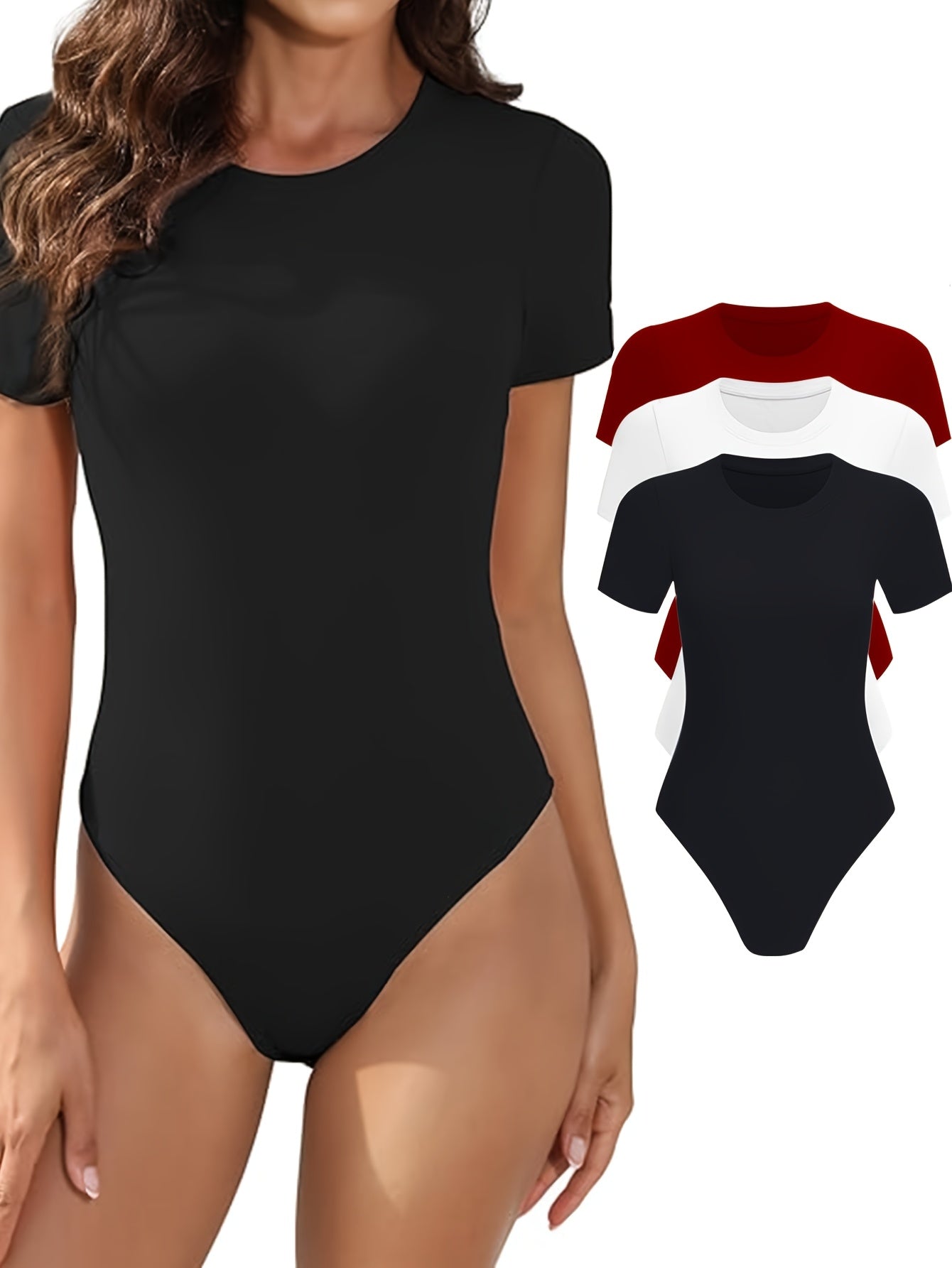 Lot de 3 bodys femme – manches courtes, col rond, coupe ajustée, basiques confortables