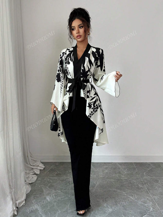 Autumn Women's Floral Print Flare Sleeve Tie-Back Shirt