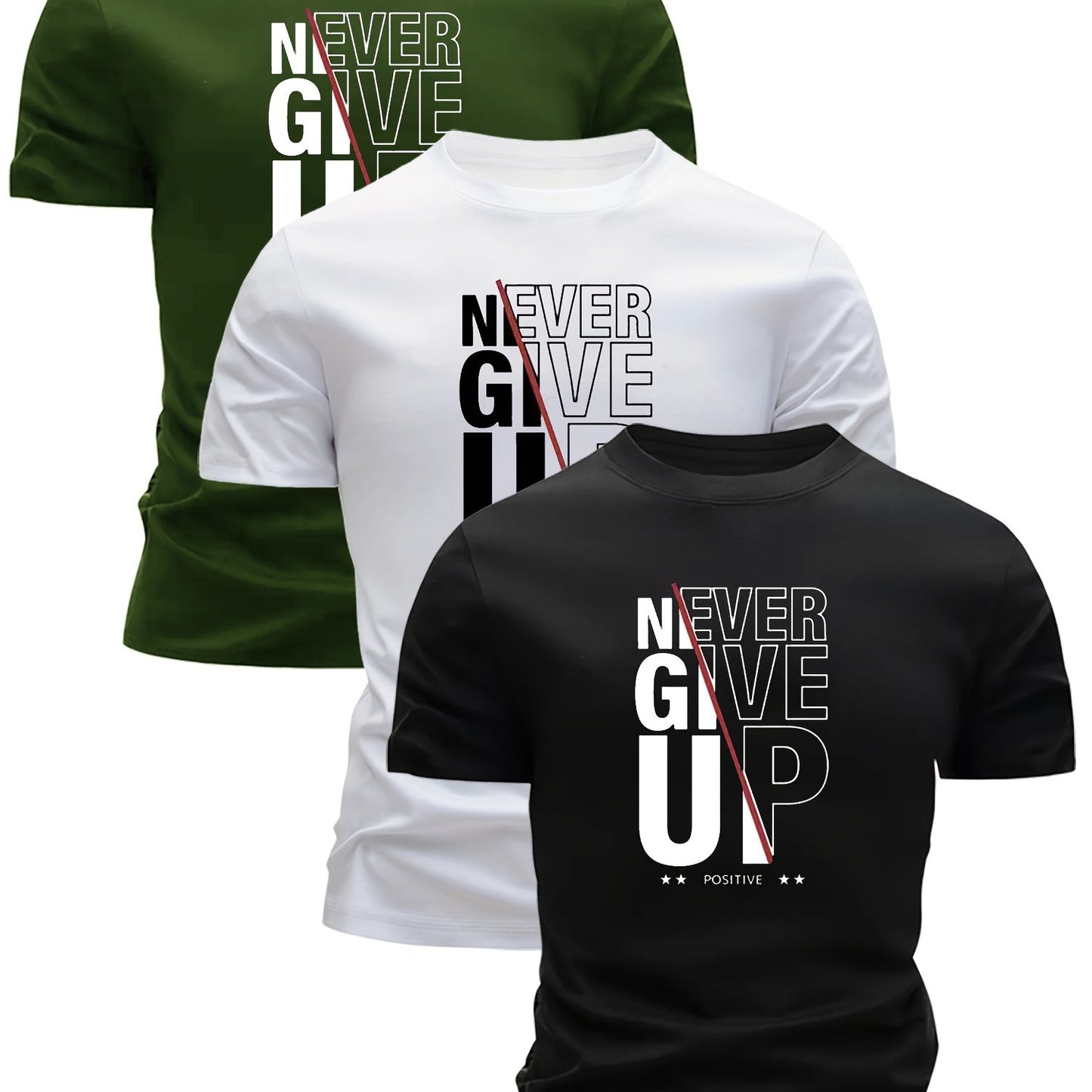 Set of 3 Mixed Print 'Never Give Up' Short-Sleeve Men'S Ultra-Light Round Neck T-Shirts - Quick-Drying, Breathable, Sweat-Absorbing Shirts, Perfect for Summer Casual Wear, a Great Gift for Men with a Round Neck Design, Sweat-