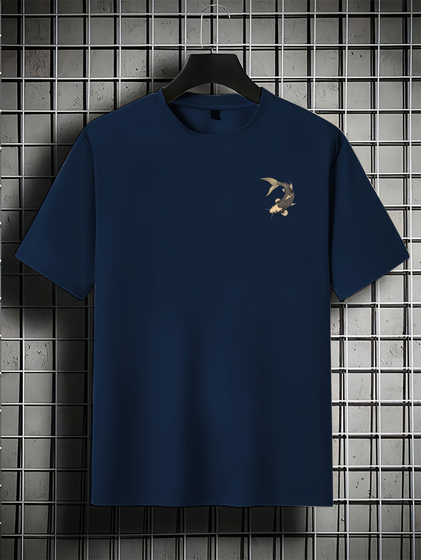 100% Print Men'S Pure Retro T-Shirt with Koi Fish & Cherry Blossom Design, Round Neck Short Sleeve Casual Tee, Regular Fit for Casual Attire, XZ005-S, Relaxed Fit, Leisure Clothing, Vintage Style, Graphic Tee, Soft Fabric, Br