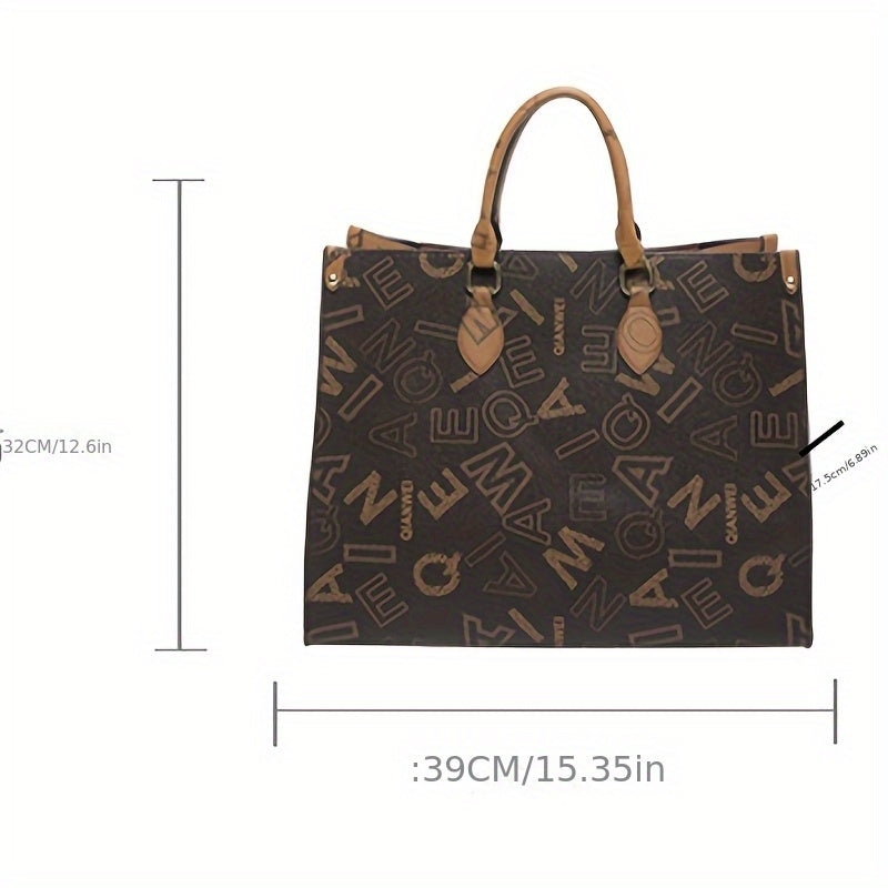 Sac Cabas Femme en Cuir Synthétique Élégant – Fermeture Éclair, Marron Café avec Motif Lettres Stylé et Poignée en Bois, Parfait pour Usage Quotidien | Sac à Épaule Chic | Design Sophistiqué