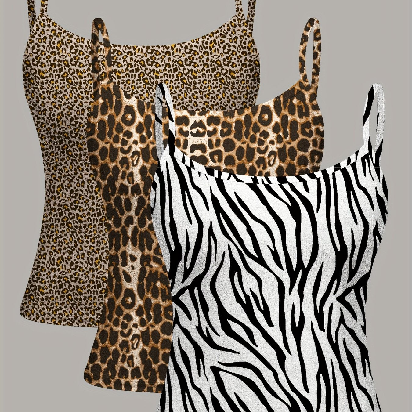 Lot de 3 Débardeurs Femme – Imprimé Léopard et Zèbre, Col Rond, Sportifs et Extensibles