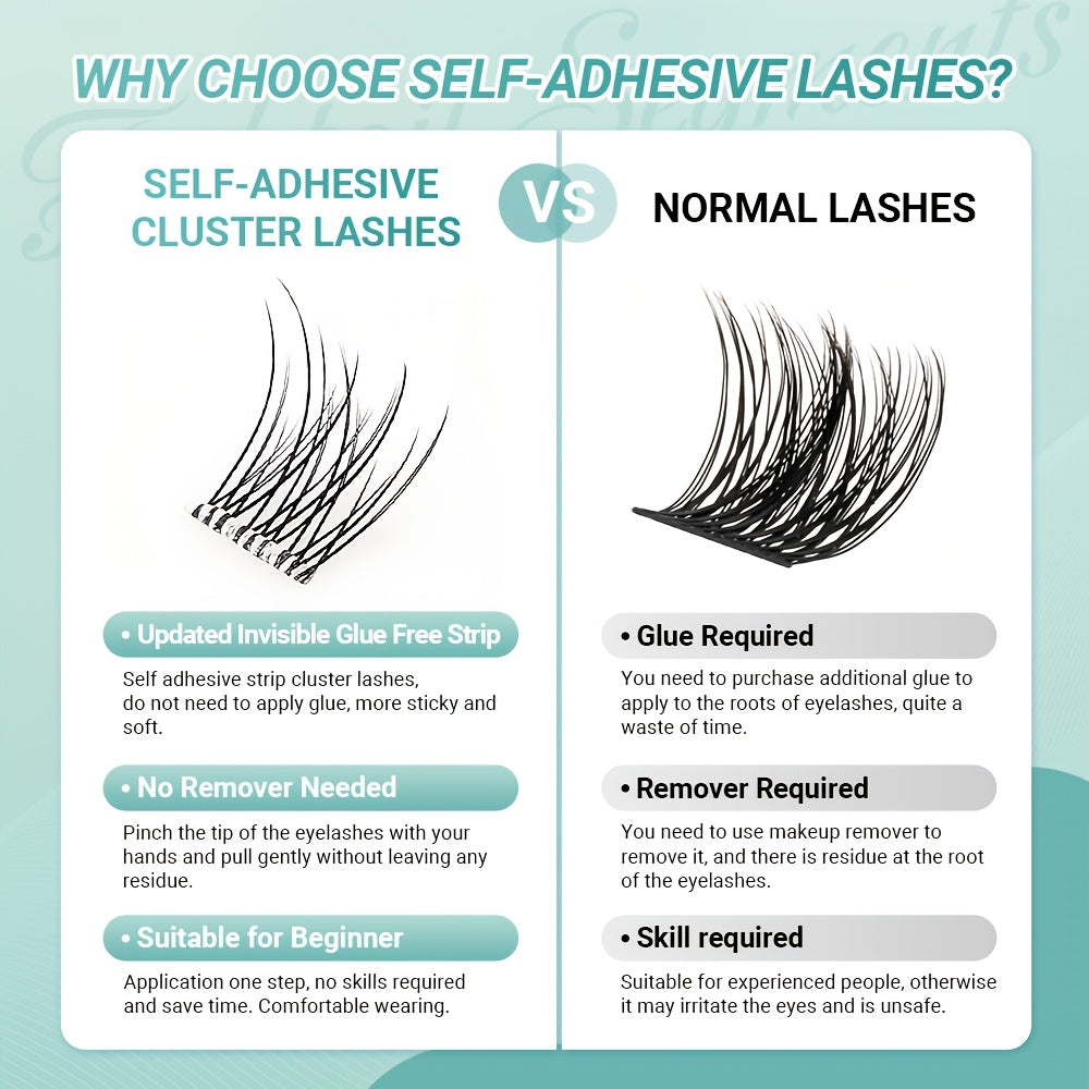 Extensions de Cils– 60 Clusters Auto-Adhésifs, Bandes Transparentes, Segments Fishtail, Style Anime Naturel et Doux, Pas de Colle Nécessaire, Cils Pré-Collés, Curl C, Look Fluffy, Idéal Débutants