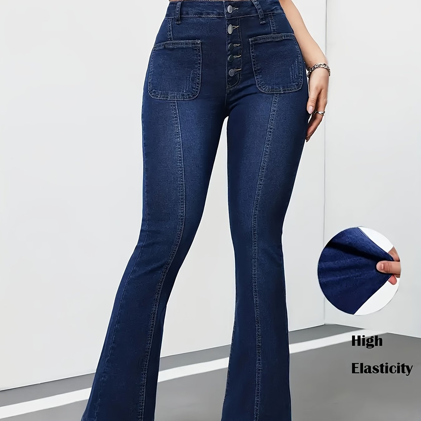 Jeans Femme Extensible Slim-Fit Taille Haute Boutons Micro Évasé Couleur Unie Toute Saison Lavable Confortable Élégant