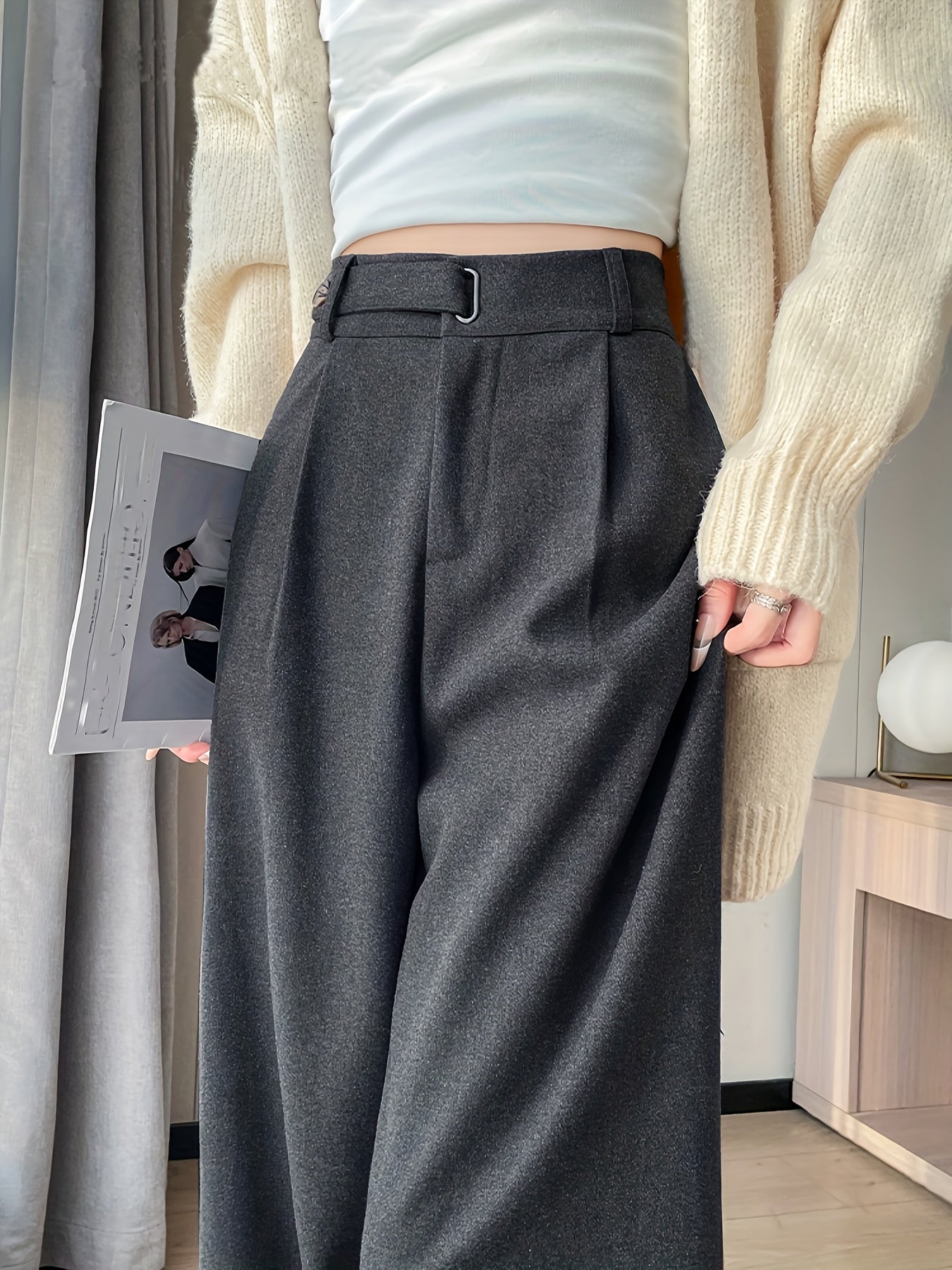 Pantalon Femme en Tweed – Gris, Taille Haute, Jambe Droite, Automne/Hiver, Sans Ceinture