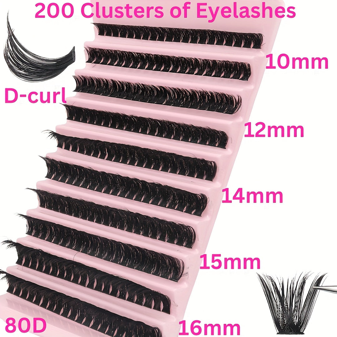 Kit d'extensions de cils 200 pièces | Comprend 120 cils naturels confort de 8 à 16 mm, épaisseur 0,07 mm, courbure C/D, longueur 10 à 18 mm, styles poupée et yeux, réutilisables pour débutantes