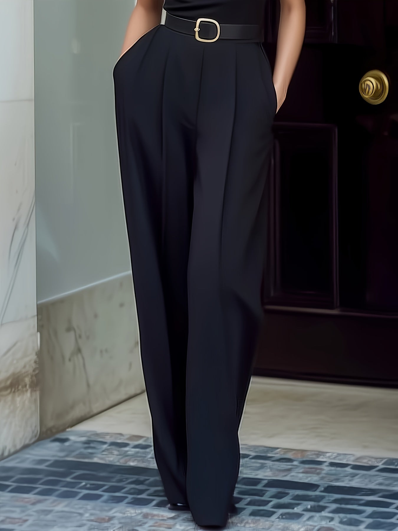 Ensemble Deux-Pièces Femme – Haut Col Roulé et Pantalon Taille Haute Jambe Large, Couleur Unie, Tenue de Bureau Élégante