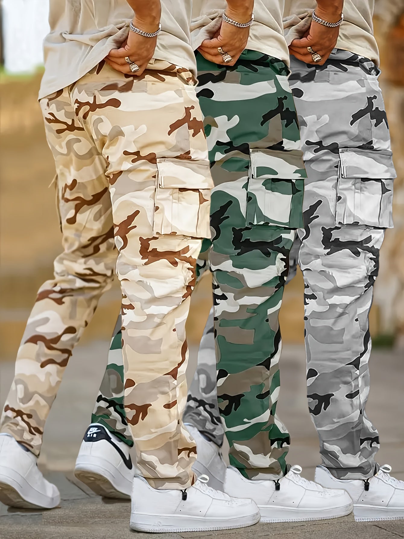 Pantalon cargo camouflage pour homme – poches à rabat, taille à cordon, couleurs vert/marron/beige/gris/noir/blanc, idéal chasse, militaire et tenue décontractée