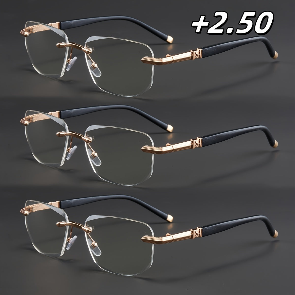 3-Pack, Stylish Men's Frameless Reading Glasses, Elegant Metal Frame, Options: 100, 150, 200, 250, 300, 350, 400 Degrees,christmas Gifts