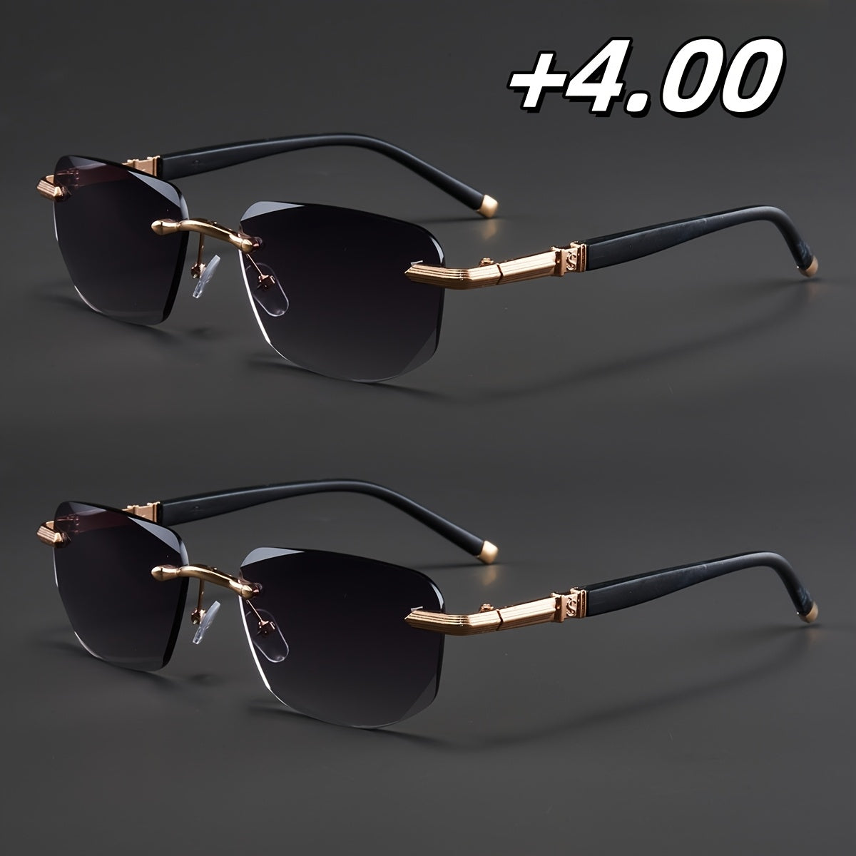 Two Pairs, Bundled Set, Stylish, Men'S, Exquisite, Luxurious, Rimless, Beveled Edge, Reading Glasses, Metal Frame, Options: 100, 150, 200, 250, 300, 350, And 400 Degrees, Without Battery, Christmas Gifts