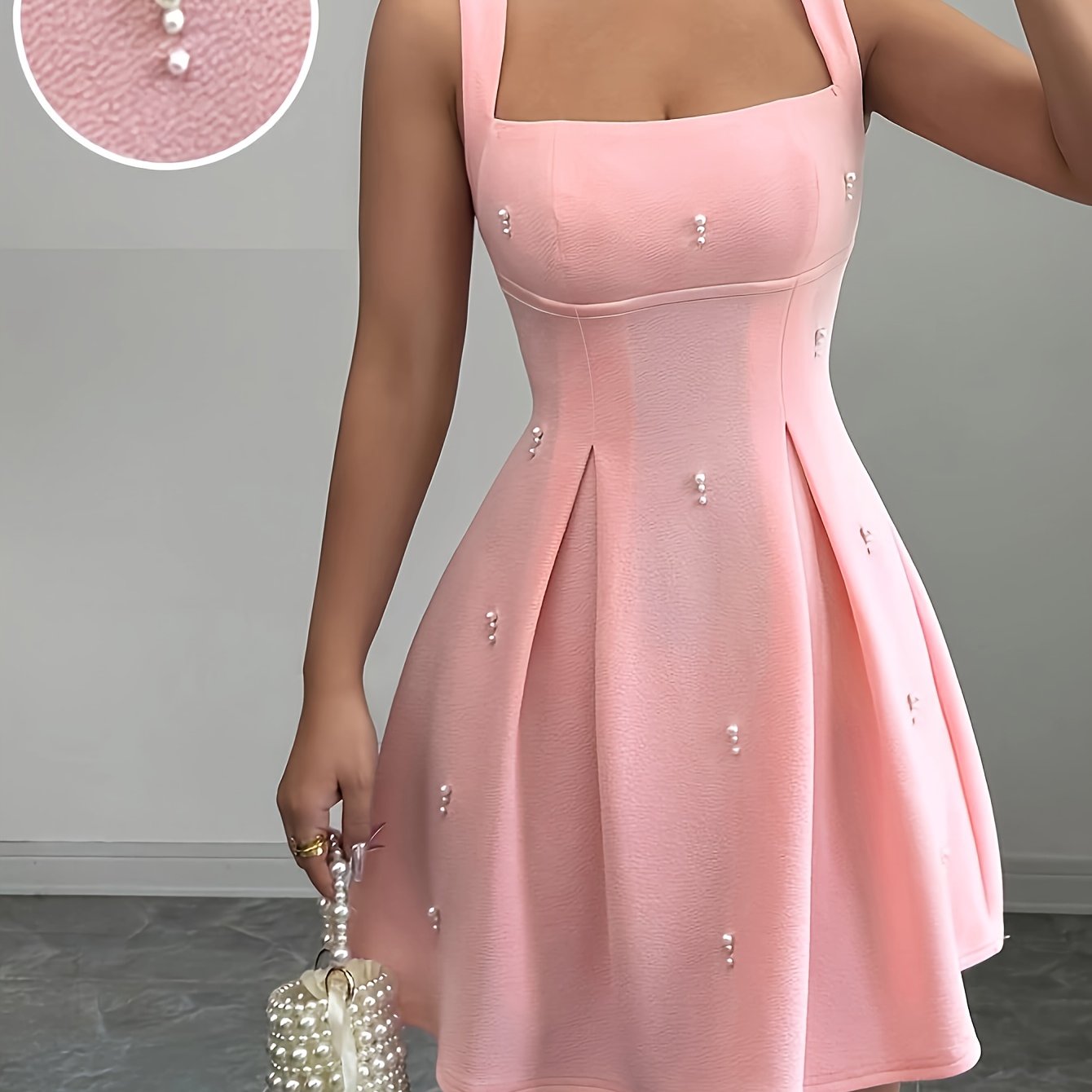 obe femme rose pastel sans manches – Col carré, jupe A-line évasée, chic