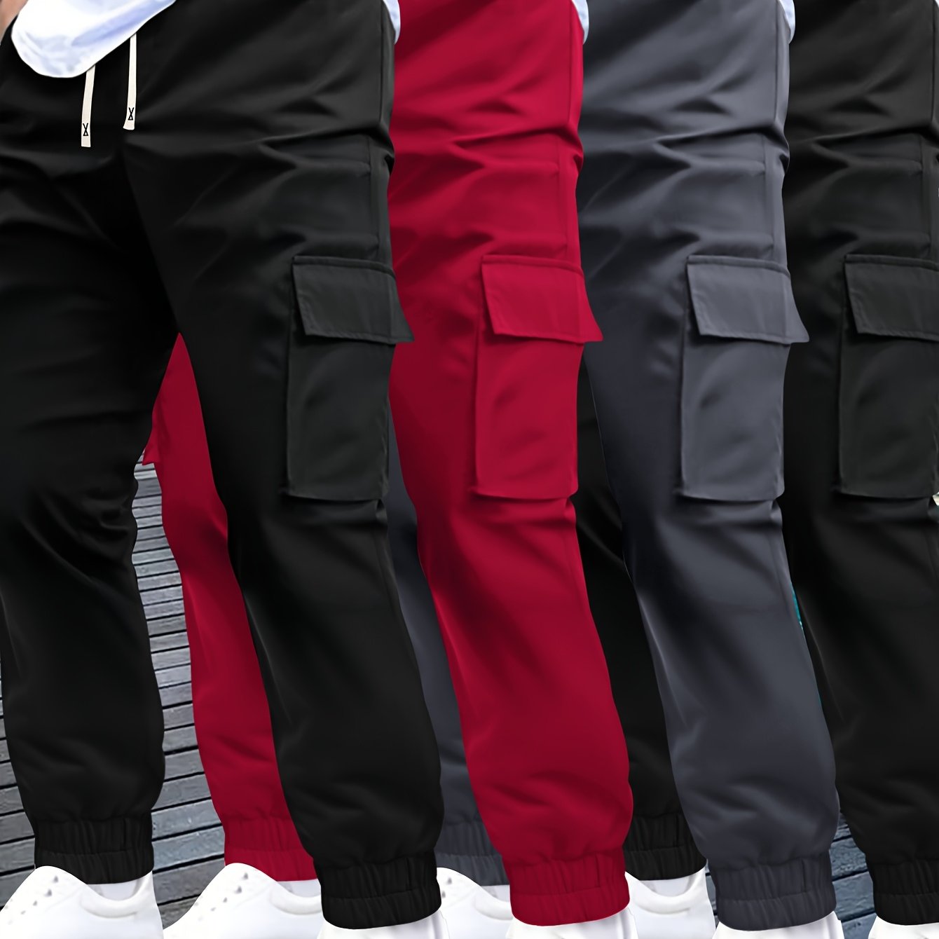 4pcs Pantalons Cargo Homme – Cordon Ajustable, Multipoches, Confort, Tout Saison